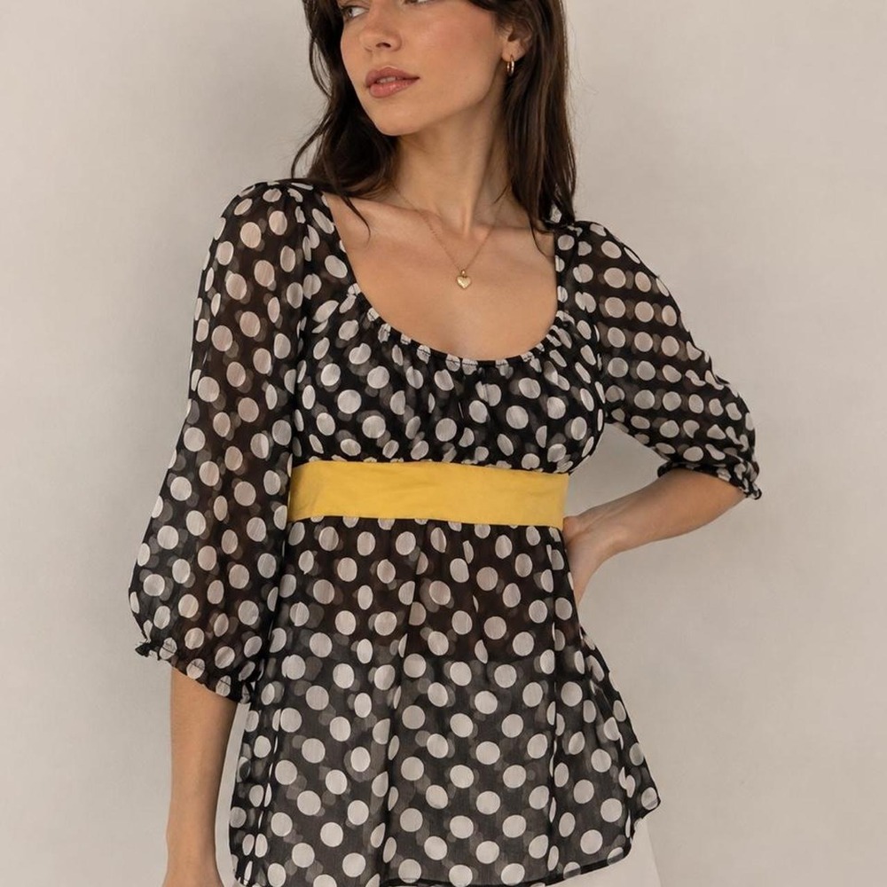Vintage Babydoll Blouse Sheer Polka Dot Rom Com 90s Empire Bust Tie-Up Y2K 16W